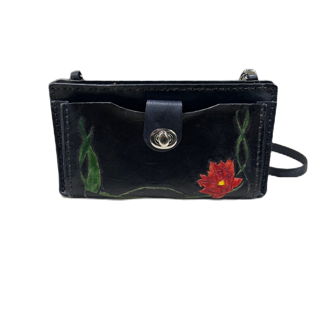 Tooled Leather Painted Floral Boho Micro Mini Crossbody Shoulder Bag Black